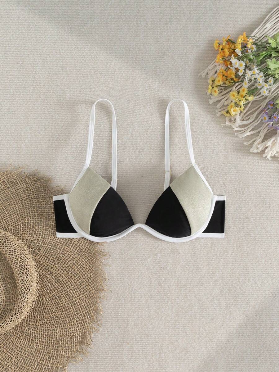 SHEIN Swim Damen Sommer Strand Urlaub Sexy Bikinioberteil, Farbblock Stoffpatchwork Design