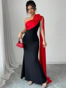Rafferiza 女士黑色优雅淑女拼布缎面分层红色花朵长裙 - 黑色 - 查看 4