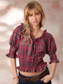 Easelle Women's Casual Retro Red Plaid Puff Sleeve Shirred Frill Trim Slim Fit Blouse - Red - View 1