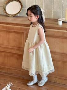 DAZY Young Girl Elegant Solid Color Jacquard Lace Trim Dress,Girls Summer Outfits