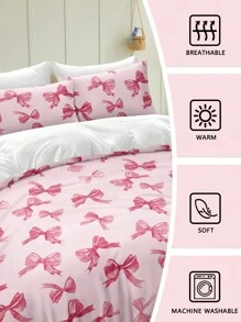 3件套水彩粉色蝴蝶结情人节数码印花床上用品套装（1个被套+2个枕套，不含被芯），可爱少女风，日常柔软涤纶面料，适合四季卧室/宿舍，浪漫家居装饰，优雅床上用品 - 粉色 - 查看 8