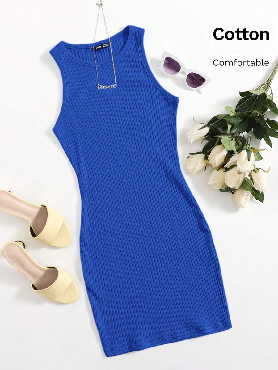 SHEIN Essnce Đầm Gân đan màu trơn Giải trí - Xanh đậm - Xem 1