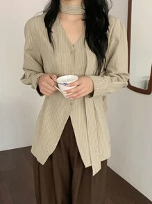 DAZY Damen Aprikot gestreiftes figurbetontes Bluse mit Bindegürtel, Langarm, College-Streifen, Frühling/Herbst Damenbekleidung