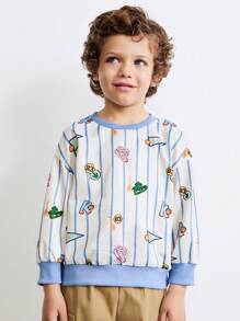 THE HAPPY LOOK Young Boys Ribbed Cute Graphic Print Crew Neck Drop Shoulder Sweatshirts, Casual & Adorable Style, Suitable For Spring & Winter
