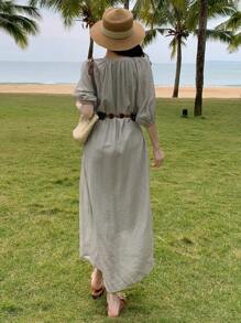 DAZY 女士海滩度假 V 领宽松休闲中长连衣裙，搭配宽松直筒中袖太阳裙