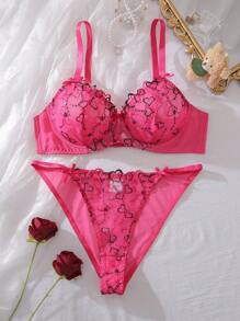 SHEIN Plus Size Heart Shape Embroidery Lace Underwire Bra And Panty 2 Pieces Set, Valentine's Day Lingerie - Pink - View 6