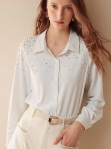 MOTF PREMIUM FAUX PEARL BEADED BUTTON UP SHIRT - White - View 9