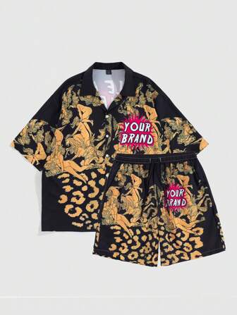 Street Life Men's Vintage Figure Print Short Sleeve Shirt And Shorts Set, Casual Wear For Spring & Summer