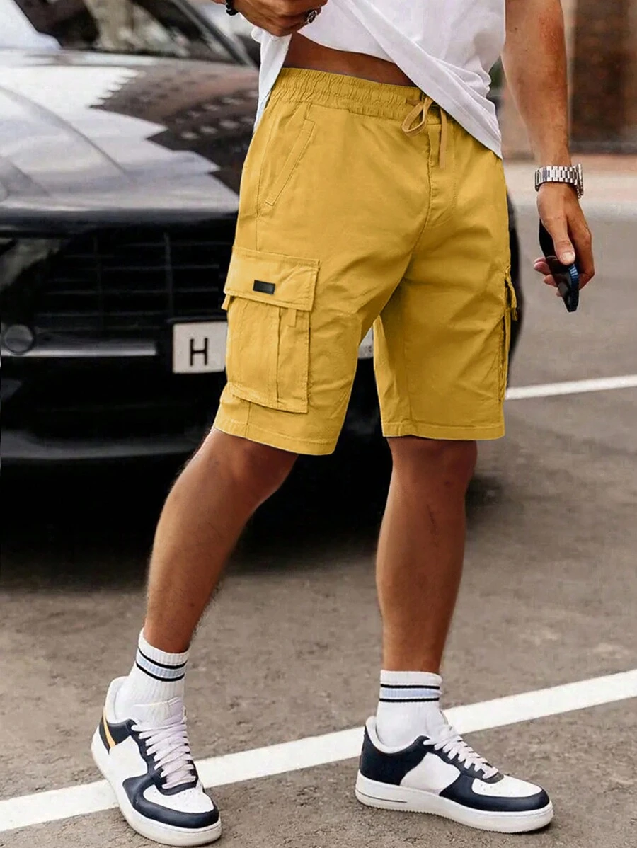 Manfinity Homme Loose Fit Men's Drawstring Waist Flap Pocket Shorts, Summer - Yellow - View 1