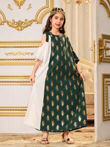 Tween Girls Metallic Green Dress, Elegant & Glamorous Suitable For Parties, Gatherings, And Ramadan - Pink - View 4