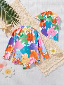 SHEIN Baby Girl Cartoon Print Long Sleeve Swimsuit - Multicolor - View 2