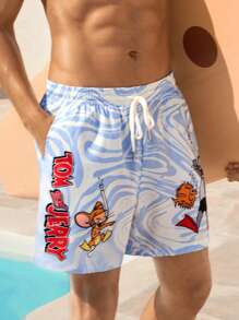 TOM & JERRY X SHEIN 1pc Men's Blue And White Summer Vacation Cartoon Graphic Drawstring Waist Beach Shorts,Hawaiian