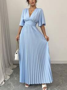 Rafferiza Light Blue Maxi Dress For Women, Elegant Pleated Summer Dress With V-Neck And Flutter Sleeves Women Evening Gown - Baby Blue - View 3
