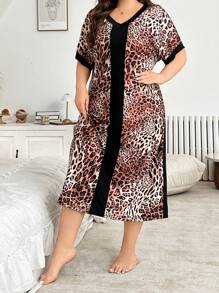 Fashionable Leopard Pattern Color Block V-Neck Casual Lounge Dress, Homewear