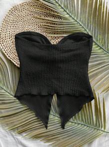 SHEIN PETITE Vacation Ladies Apricot Knitted Textured Tube Top With Twisted Asymmetric Hem Vest - Black - View 9