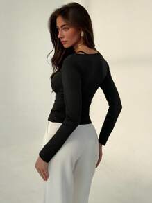 Aloruh Women's Solid Color Contrast Lace Bow Decor Long Sleeve T-Shirt