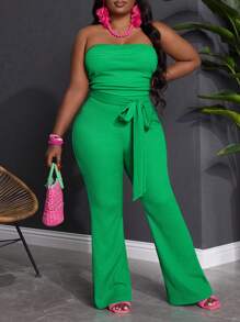 Slaydiva Wakacje Casual Nowy 2025 Elegancki i seksowny i wakacyjny styl Kobiety Plus Size Solidny zielony bandeau prążkowany materiał Kombinezon Elegancki wakacje Wiosna/Lato