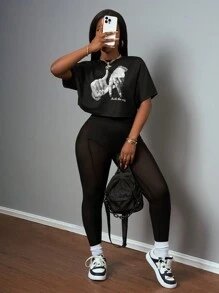 Slaydiva 大码新款春夏休闲街头性感圆领落肩短袖手指标语Logo英文印花T恤+紧身透视网眼拼接针织面料女两件套夏装女装