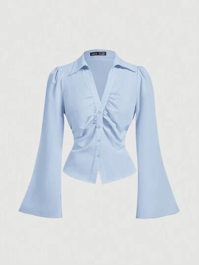 SHEIN MOD 女式 V 领荷叶边喇叭袖衬衫，收腰，蓝色长袖衬衫，女巫，纽扣衬衫，音乐会女装，嬉皮士，海盗上衣