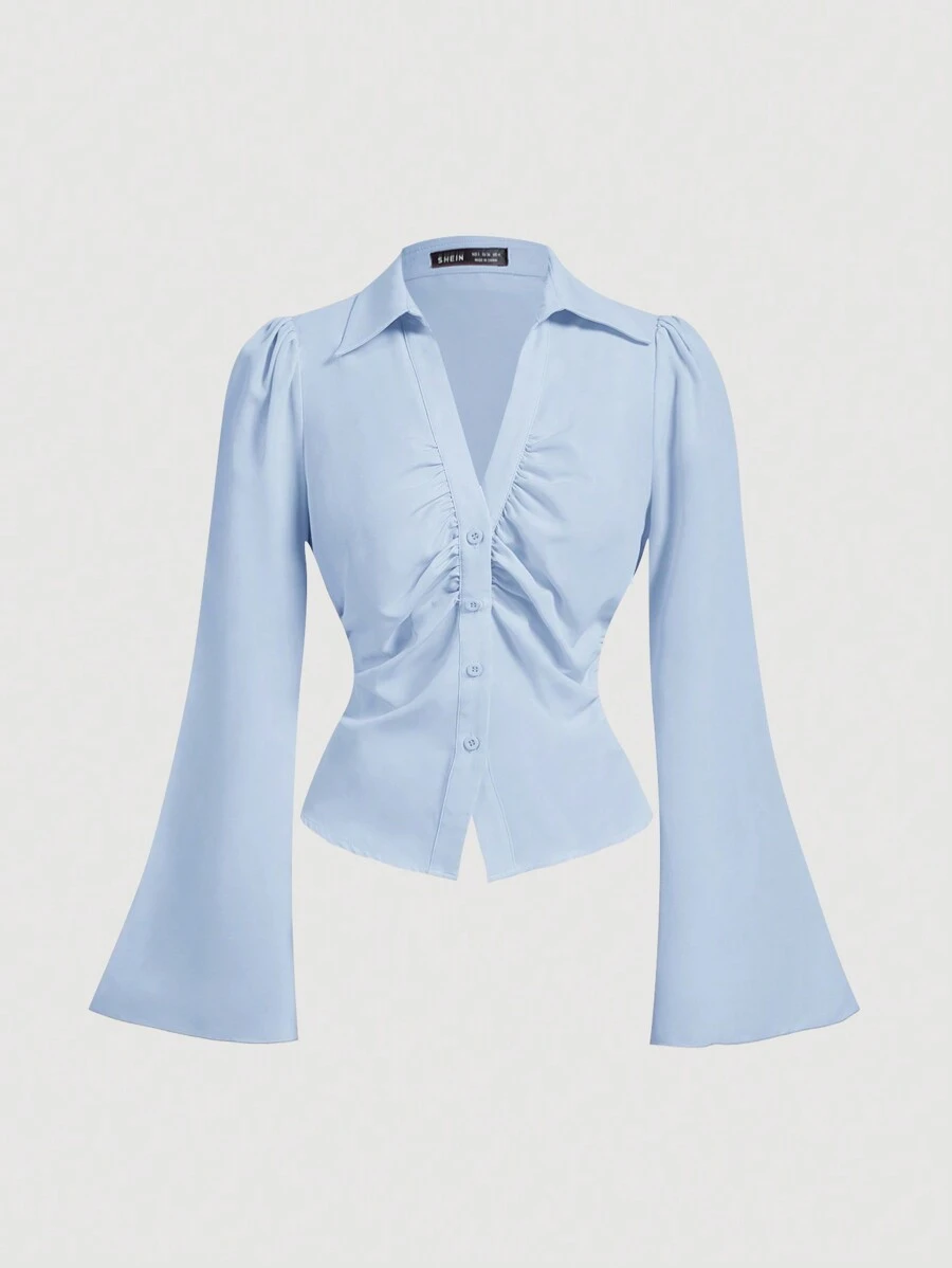 SHEIN MOD 女式 V 领荷叶边喇叭袖衬衫，收腰，蓝色长袖衬衫，女巫，纽扣衬衫，音乐会女装，嬉皮士，海盗上衣 - 藍色 - 查看 1