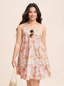 SHEIN LUNE 大码女式情人节夏季花卉印花吊带连衣裙可调节肩带宽松夏季休闲波西米亚风连衣裙 - 彩色 - 查看 3