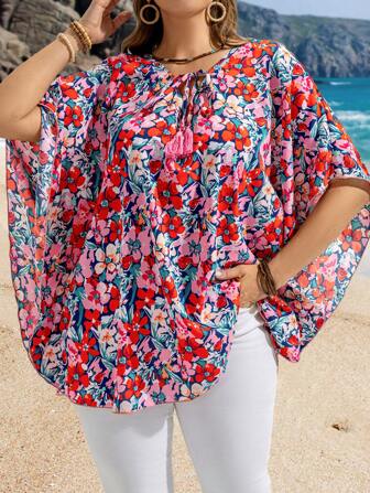 EMERY ROSE Plus Size V-Neck Simple Fashion Everyday Casual Shirt,Summer Clothes,Vacation Outfits Woman / Vacation,Boho Women Clothing