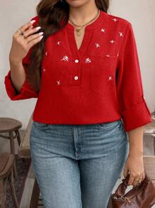 EMERY ROSE 大码复古印花小花刺绣工艺立领可调节袖口宽松衬衫秋季女式假日 - 紅色 - 查看 3