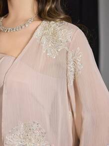 Modelyn 2pcs Embroidered Sequin Solid Elegant Romantic Sheer Sleeve Dress Set - Pink - View 6