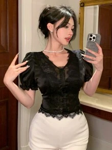 DAZY Bodycon Lace Top With V-Neck Short Sleeve, Elegant For Weddings And Banquets,Crop Tops Women - Black - View 1