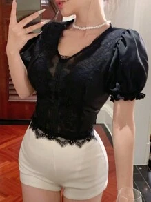 DAZY Bodycon Lace Top With V-Neck Short Sleeve, Elegant For Weddings And Banquets,Crop Tops Women - Black - View 10