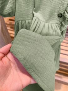 LMoss Kids LMoss Young Girl Woven Solid Color Round Neck Ruffled Hem Fitted Dress - Green - View 8