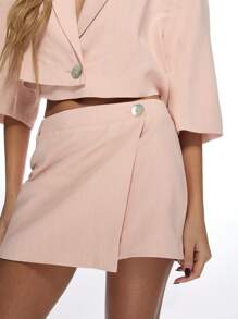 MISSGUIDED 不对称裹身迷你裙套装商务休闲两件套办公室装春夏珍珠纽扣细节短款西装外套套装时尚职业工作服 - 淺粉色 - 查看 3