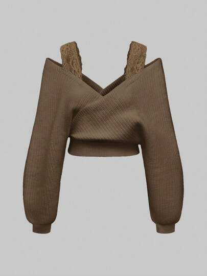 Suéter tipo camisola sexy de encaje, de corte casual y escote profundo en V con hombros descubiertos, estilo francés