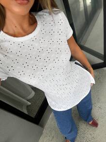 SHEIN Essnce Áo thun dài bán trong suốt dành cho nữ, cổ tròn, giản dị và thời trang để mặc hàng ngày - trắng - Xem 4