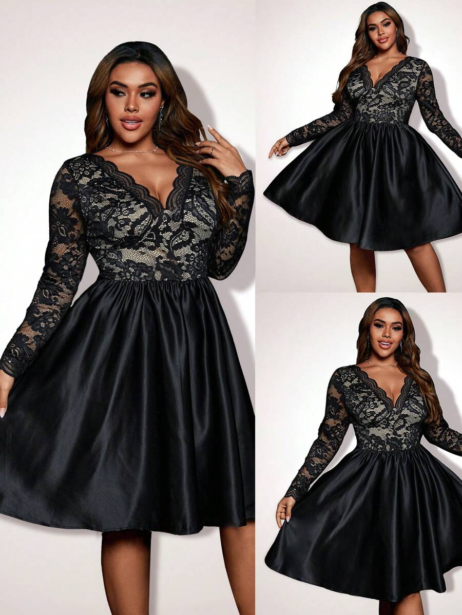 SHEIN Belle Plus Size Women V-Neck Lace Long Sleeve A-Line Back To School Party Dress - Black - View 1
