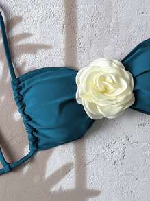 SHEIN Swim Women's Spring Break 2025 Floral Embellished Bikini Top, For Summer Beach Vacation - Teal Blue - View 3