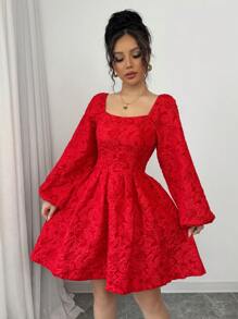 Modelyn Women's Red Textured Floral Embossed Mini Dress
