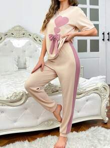 Conjuntos de pijama de mujer de manga corta con lazo, bordado de corazón y color contrastante de corte holgado