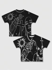 ROMWE MEN Street Life Men's Cross Print Round Neck Short Sleeve Casual T-Shirt - Multicolor - View 1