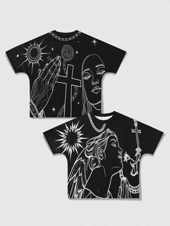 Goth Camiseta casual de manga corta con cuello redondo y estampado de cruz para hombres