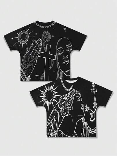 Goth Herren Lässig T-Shirt mit rundem Ausschnitt und Kreuz-Muster, Kurzarm