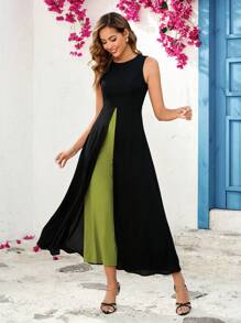 SHEIN Clasi Mono de mujer elegante de verano sin mangas con parche en contraste verde en la cintura, fluido y apropiado para usar en varias ocasiones