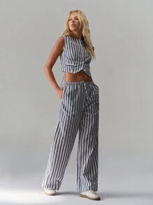 TRNVIE Retro Striped Linen Vest + Wide Leg Pants 2 Pieces Set - Blue - View 4