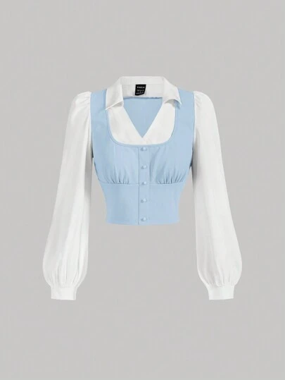 SHEIN MOD 翻领长袖撞色胸部褶皱浅蓝白撞色衬衫、浅蓝衬衫、纽扣衬衫、长袖女式衬衫、有领女式衬衫、女式工作衬衫、正装衬衫、V 领衬衫