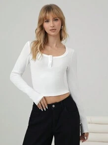 SHEIN EZwear Casual Versatile White Knitted Women's Skinny T-Shirt