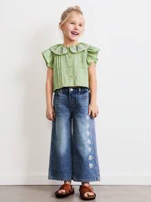 SHEIN Young Girls' Cute & Sweet Vintage Floral Embroidered Jeans