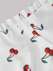 SHEIN MOD Top bonito com estampa de cereja de um ombro só e contraste de cor com alças de orelha, top estilo pastoral, top de férias, top de primavera, top de dia dos namorados, tops para sair femininos - Branco - Ver 3