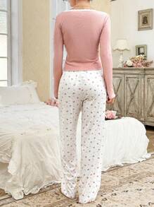CottageSlumber Crown Print Contrast Color Lace Trim Button-Up Collar Long Sleeve Sleepwear Shirt And Long Pants Set For Women Holiday Season, Vacation