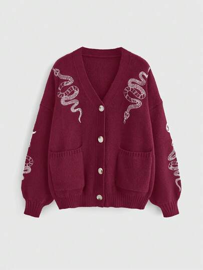 Goth Cardigan oversize casual con scollo a V, stile gotico, con ricamo a luna e serpente