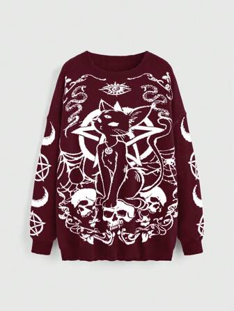 Goth Maglione oversize in jacquard con motivi gotici neri di gatto, teschio, stelle, luna e serpente, adatto per Ognissanti